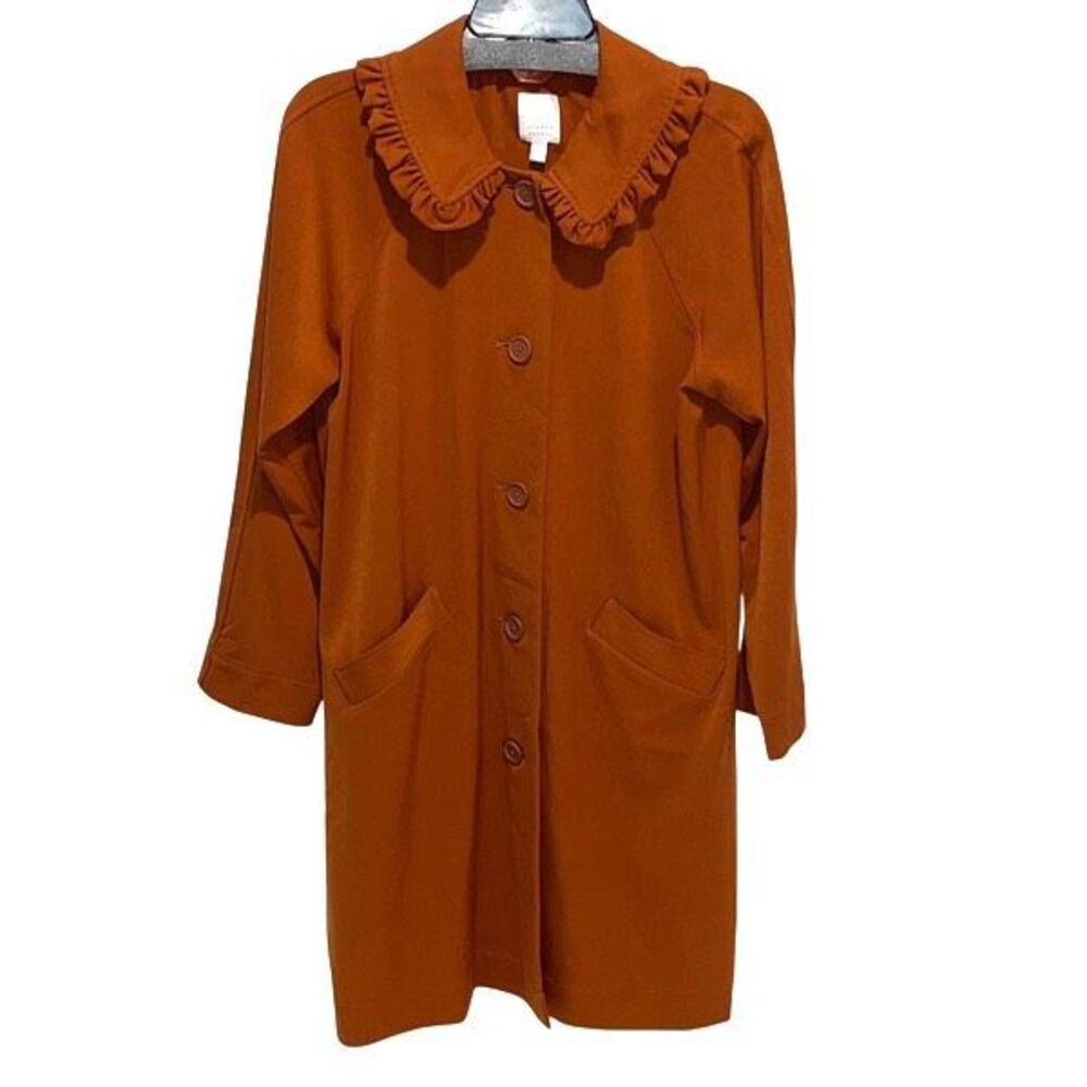 Lauren Conrad Womens Ruffled Collar Button Front Twill Trench Coat Brown Medium